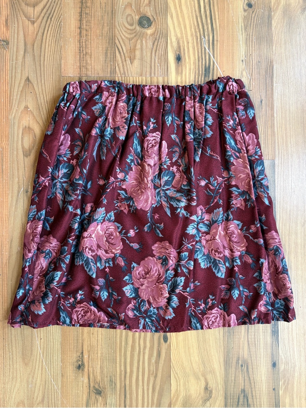 Handmade vintage Floral Midi Skirt in Burgundy with Pink Roses